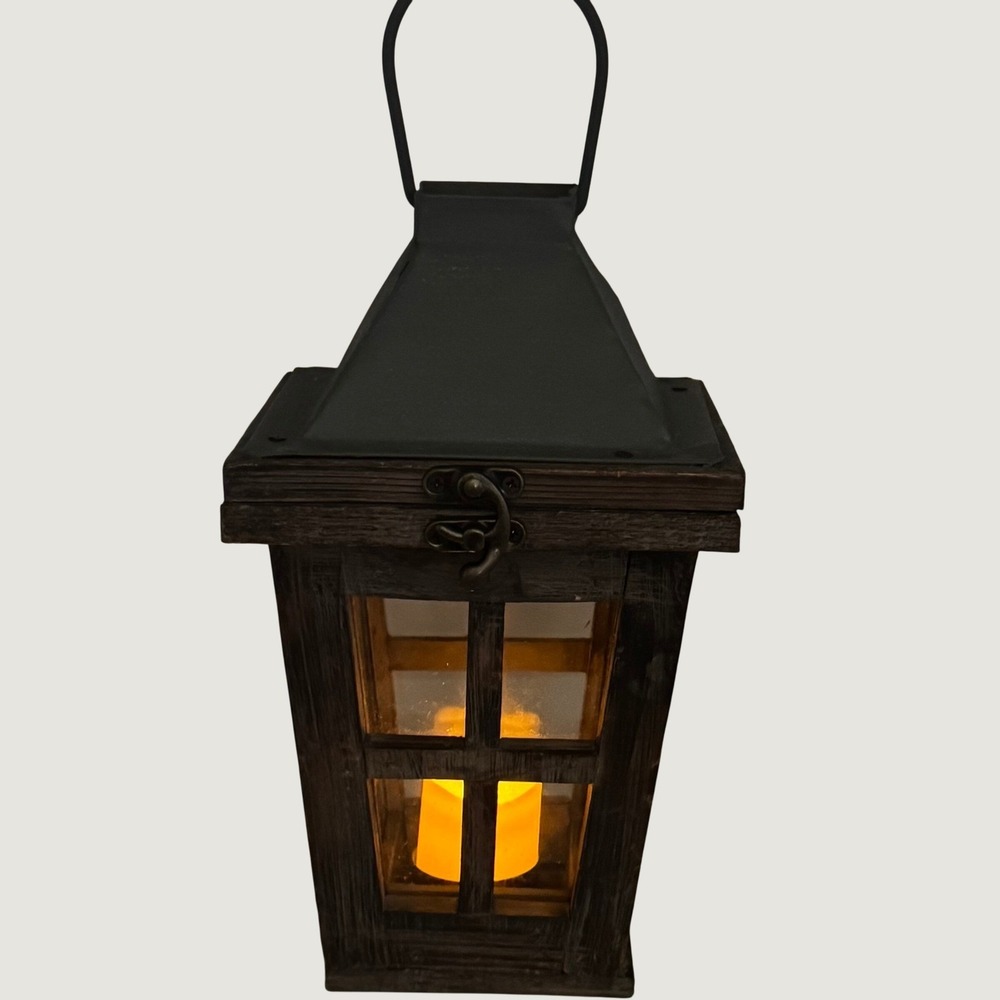Candle Lantern 9in Brown Grey Rustic Wood Metal Farmhouse Decor